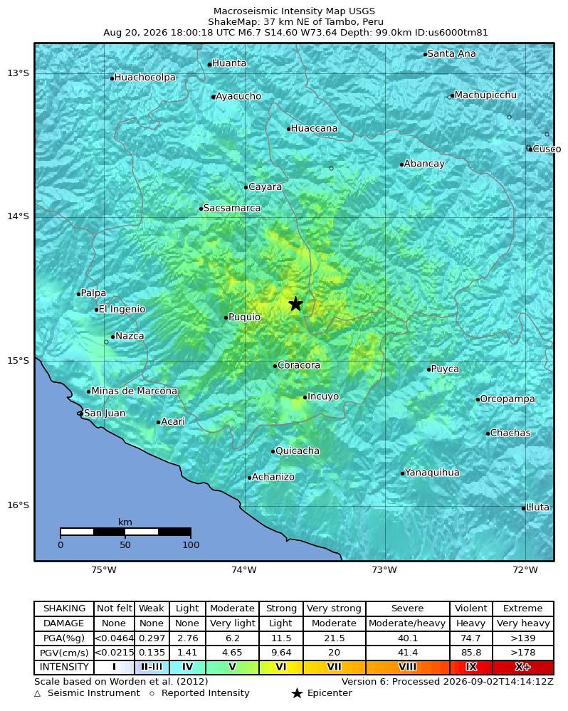 USGS ShakeMap intensity contours for the M6.7 earthquake near 37 km NE of Tambo, Peru
