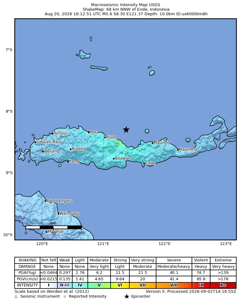 USGS ShakeMap intensity contours for the M5.6 earthquake near 68 km NNW of Ende, Indonesia