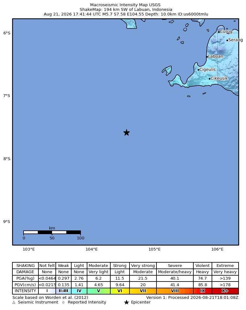 USGS ShakeMap intensity contours for the M5.7 earthquake near 194 km SW of Labuan, Indonesia