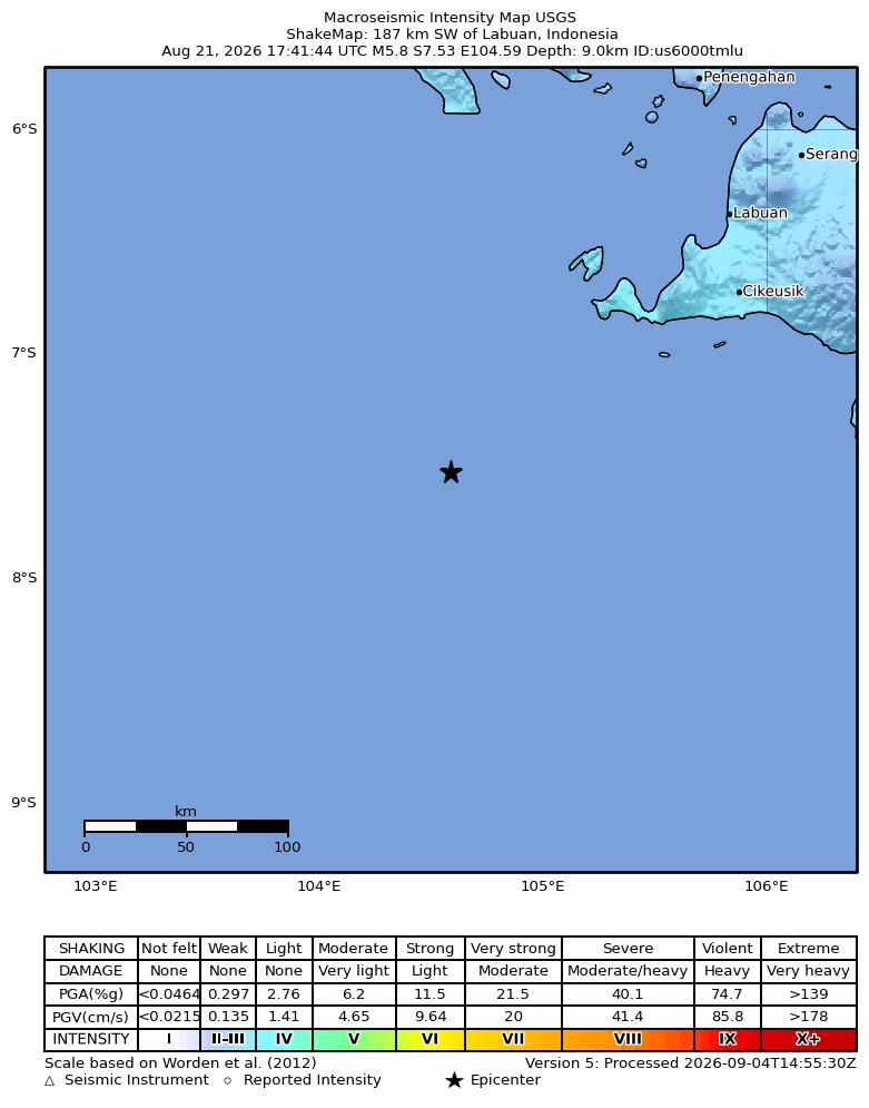 USGS ShakeMap intensity contours for the M5.8 earthquake near 187 km SW of Labuan, Indonesia
