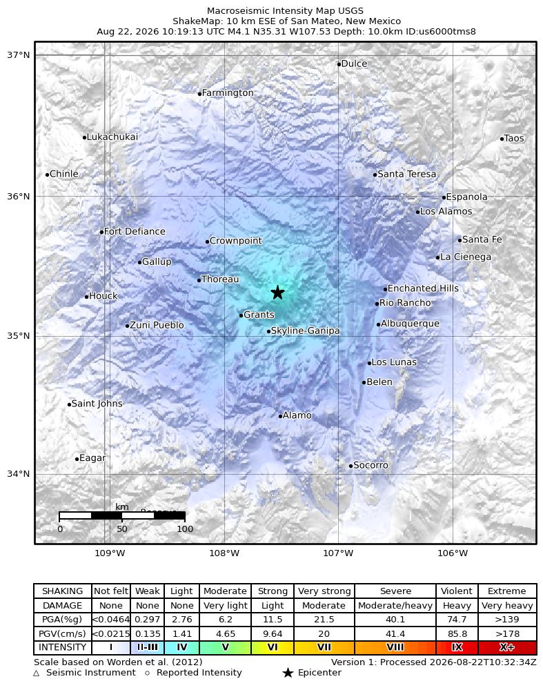 USGS ShakeMap intensity contours for the M4.1 earthquake near 10 km ESE of San Mateo, New Mexico