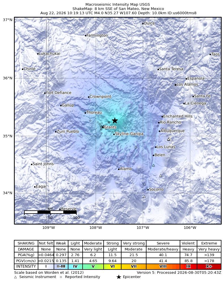 USGS ShakeMap intensity contours for the M4.0 earthquake near 8 km SSE of San Mateo, New Mexico