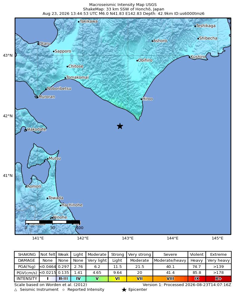 USGS ShakeMap intensity contours for the M6.0 earthquake near 33 km SSW of Honchō, Japan