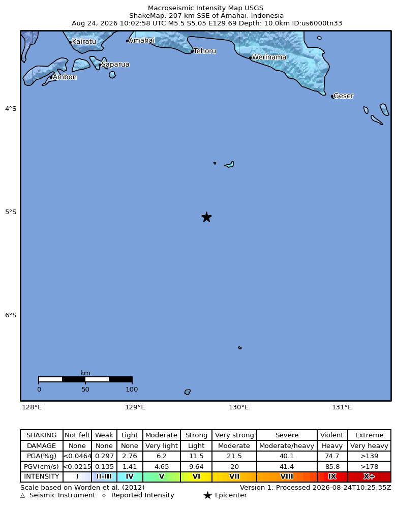 USGS ShakeMap intensity contours for the M5.5 earthquake near 207 km SSE of Amahai, Indonesia