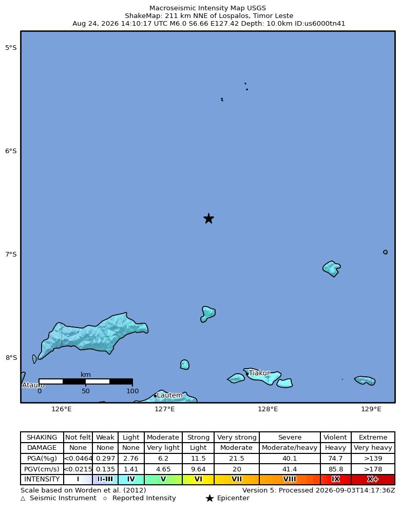USGS ShakeMap intensity contours for the M6.0 earthquake near 211 km NNE of Lospalos, Timor Leste