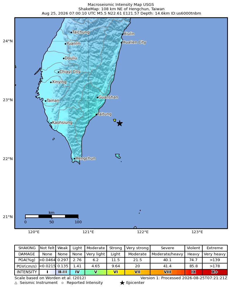 USGS ShakeMap intensity contours for the M5.5 earthquake near 108 km NE of Hengchun, Taiwan