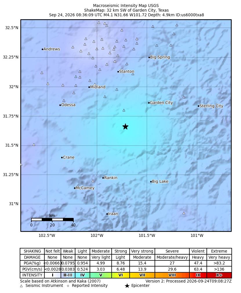 USGS ShakeMap intensity contours for the M3.6 earthquake near 32 km SW of Garden City, Texas
