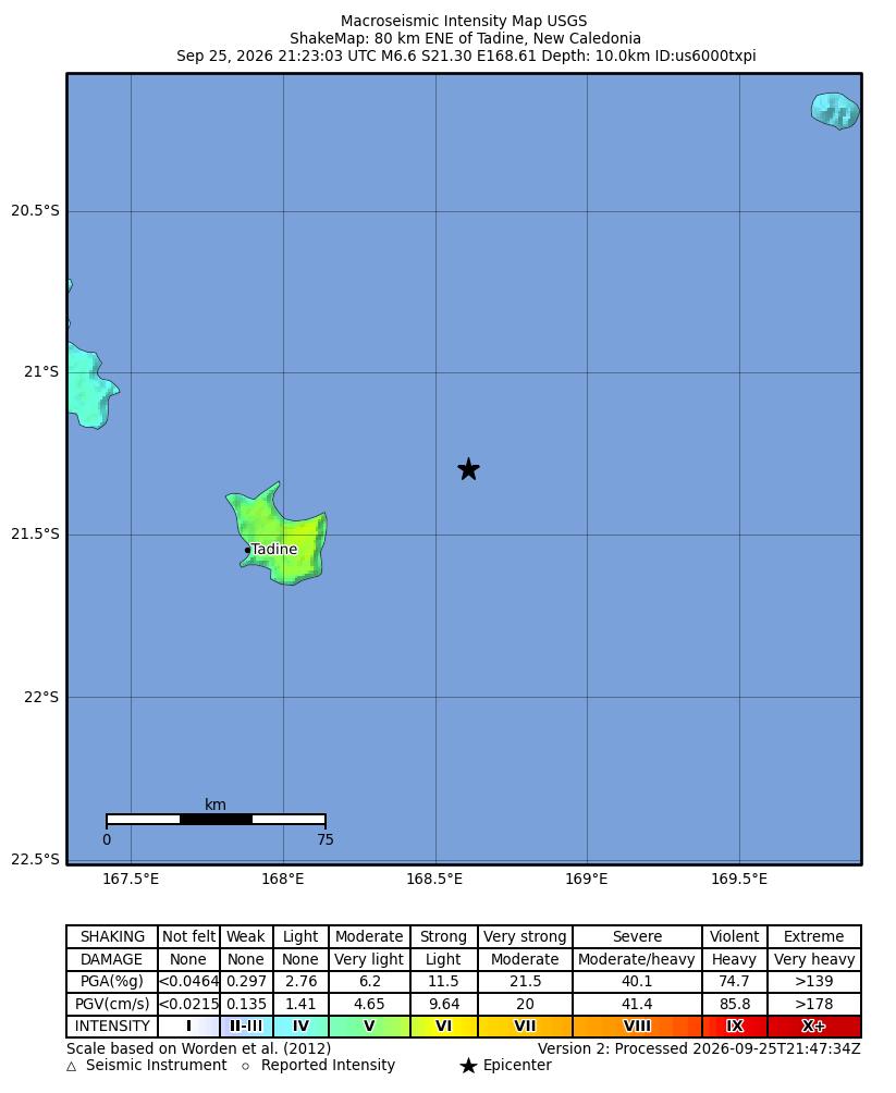 USGS ShakeMap intensity contours for the M6.6 earthquake near 80 km ENE of Tadine, New Caledonia