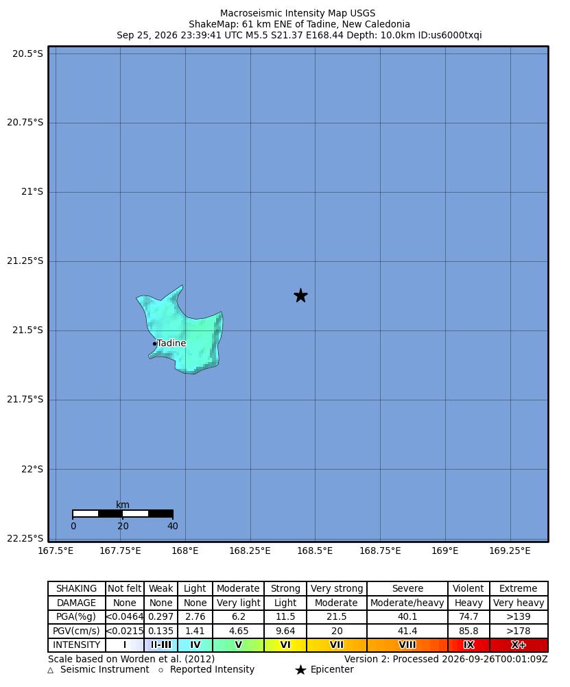 USGS ShakeMap intensity contours for the M5.5 earthquake near 61 km ENE of Tadine, New Caledonia