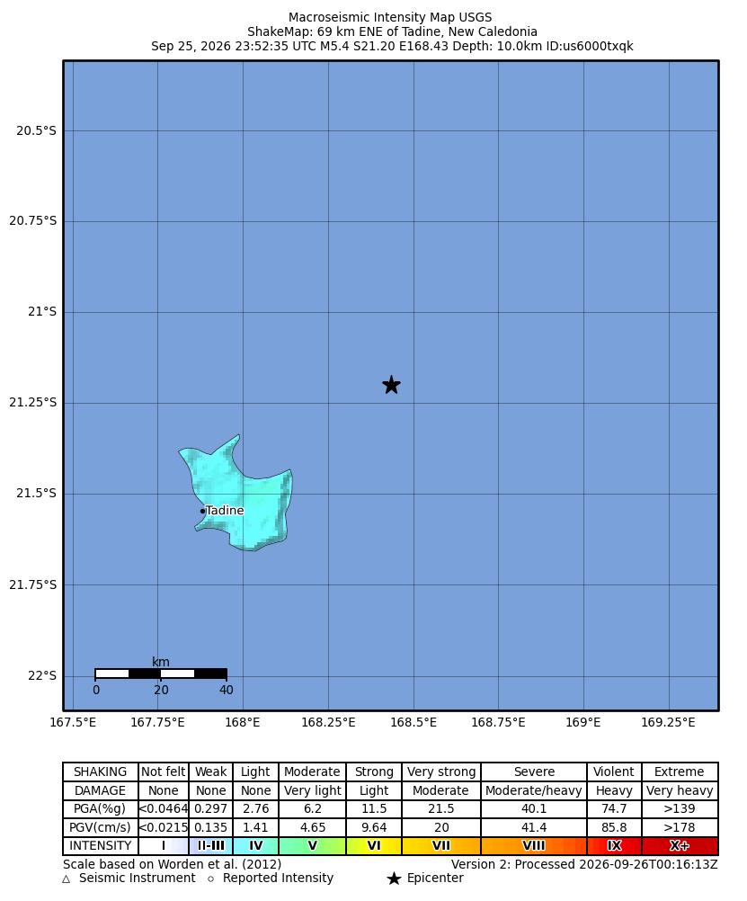 USGS ShakeMap intensity contours for the M5.4 earthquake near 69 km ENE of Tadine, New Caledonia