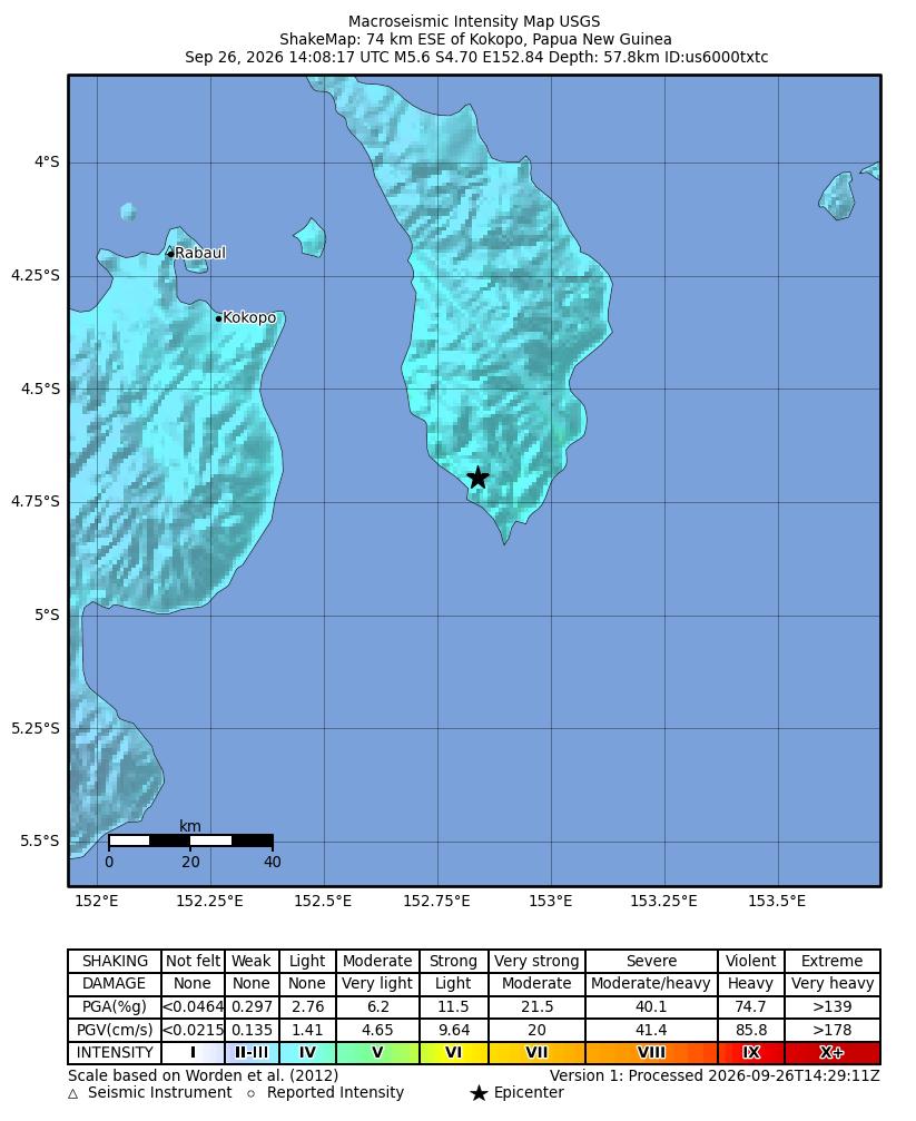 USGS ShakeMap intensity contours for the M5.6 earthquake near 74 km ESE of Kokopo, Papua New Guinea