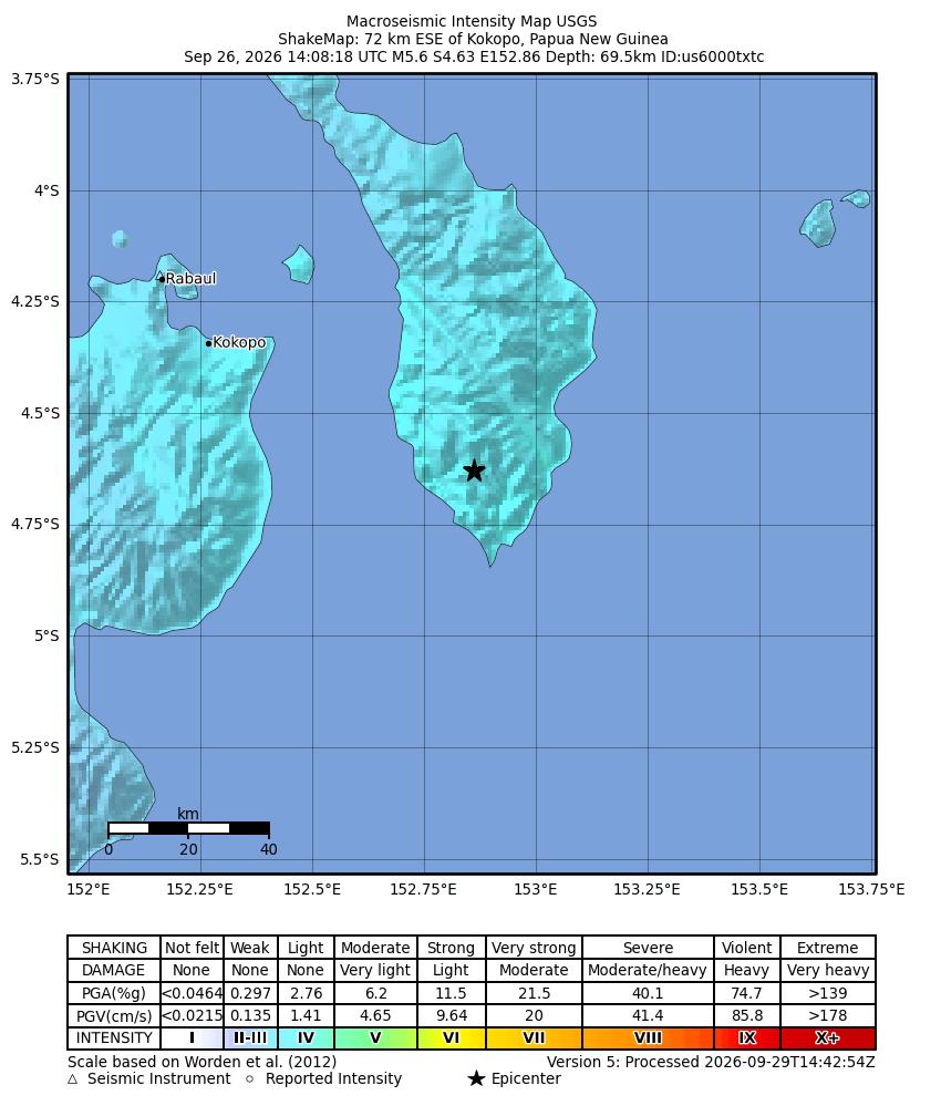 USGS ShakeMap intensity contours for the M5.6 earthquake near 72 km ESE of Kokopo, Papua New Guinea