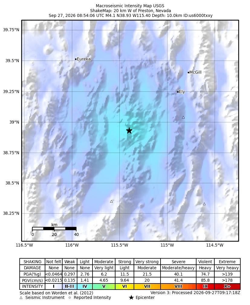 USGS ShakeMap intensity contours for the M4.4 earthquake near 20 km W of Preston, Nevada