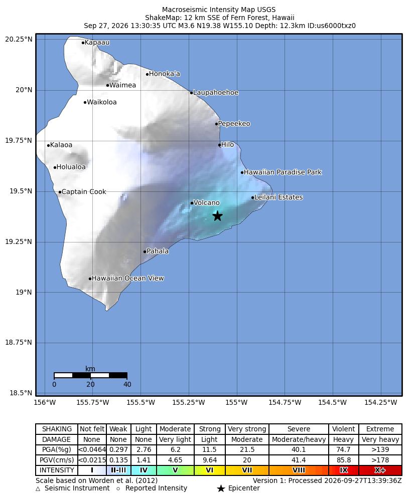 USGS ShakeMap intensity contours for the M3.3 earthquake near 12 km SSE of Fern Forest, Hawaii