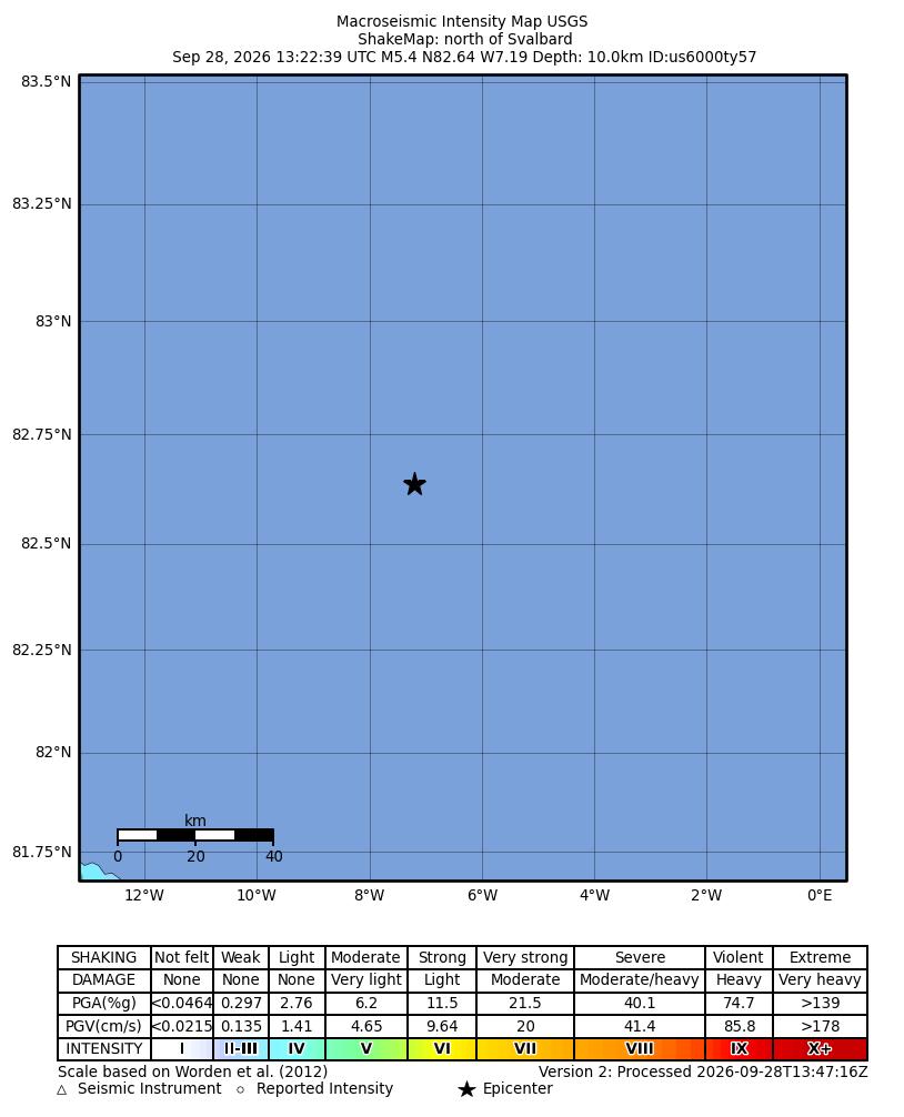 USGS ShakeMap intensity contours for the M5.4 earthquake near north of Svalbard