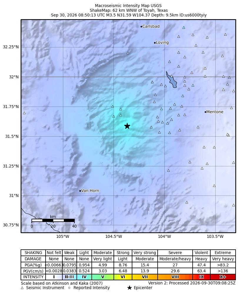 USGS ShakeMap intensity contours for the M3.2 earthquake near 62 km S of Whites City, New Mexico