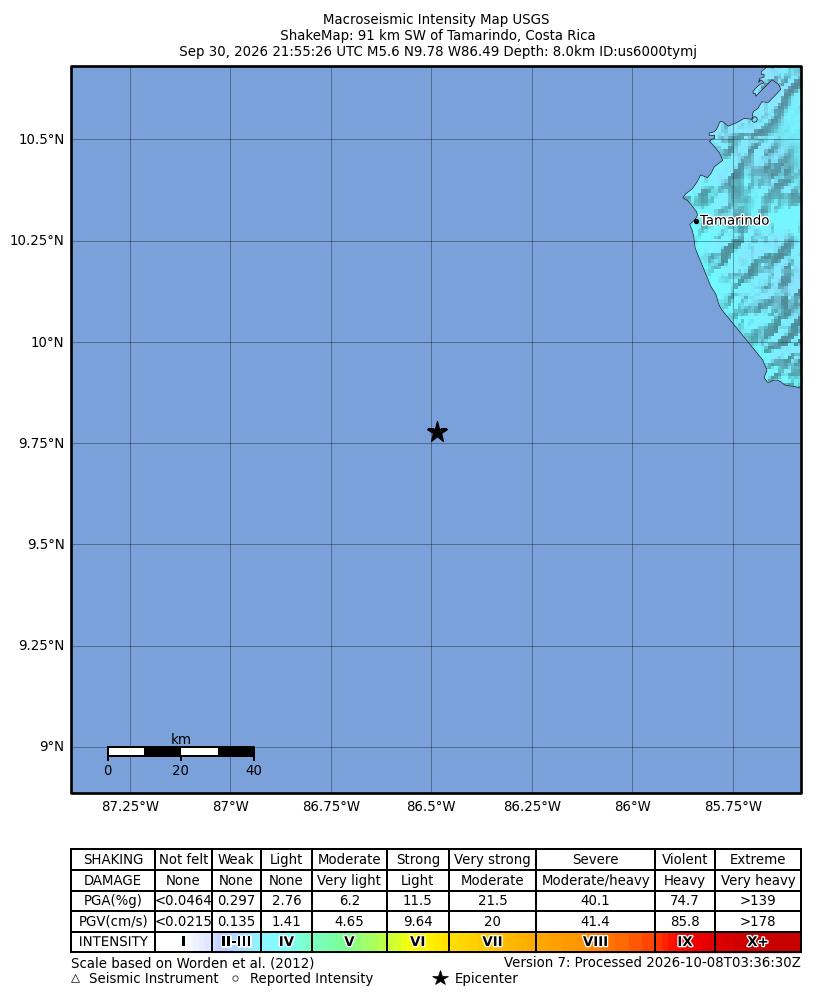 USGS ShakeMap intensity contours for the M5.6 earthquake near 91 km SW of Tamarindo, Costa Rica