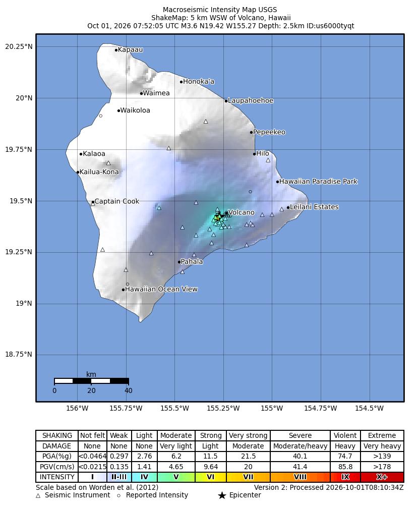USGS ShakeMap intensity contours for the M3.4 earthquake near 5 km WSW of Volcano, Hawaii