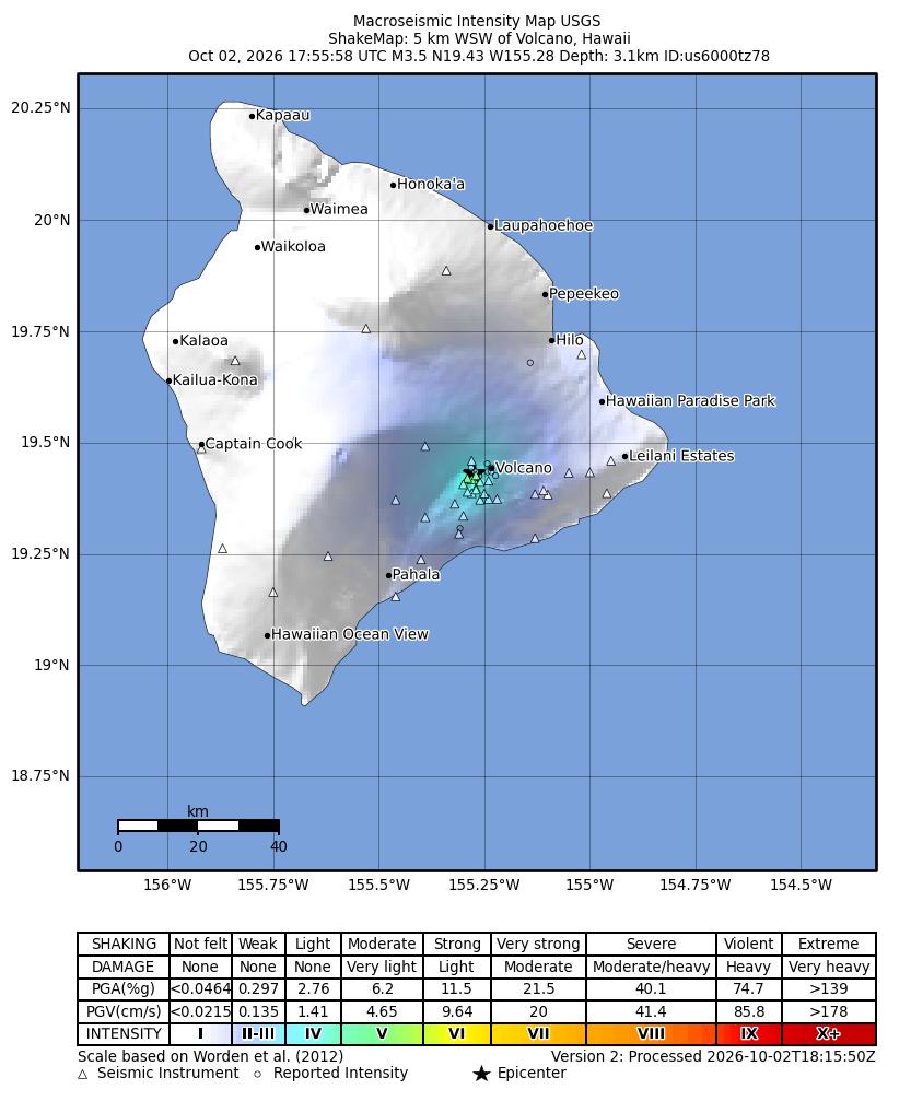 USGS ShakeMap intensity contours for the M3.5 earthquake near 5 km WSW of Volcano, Hawaii