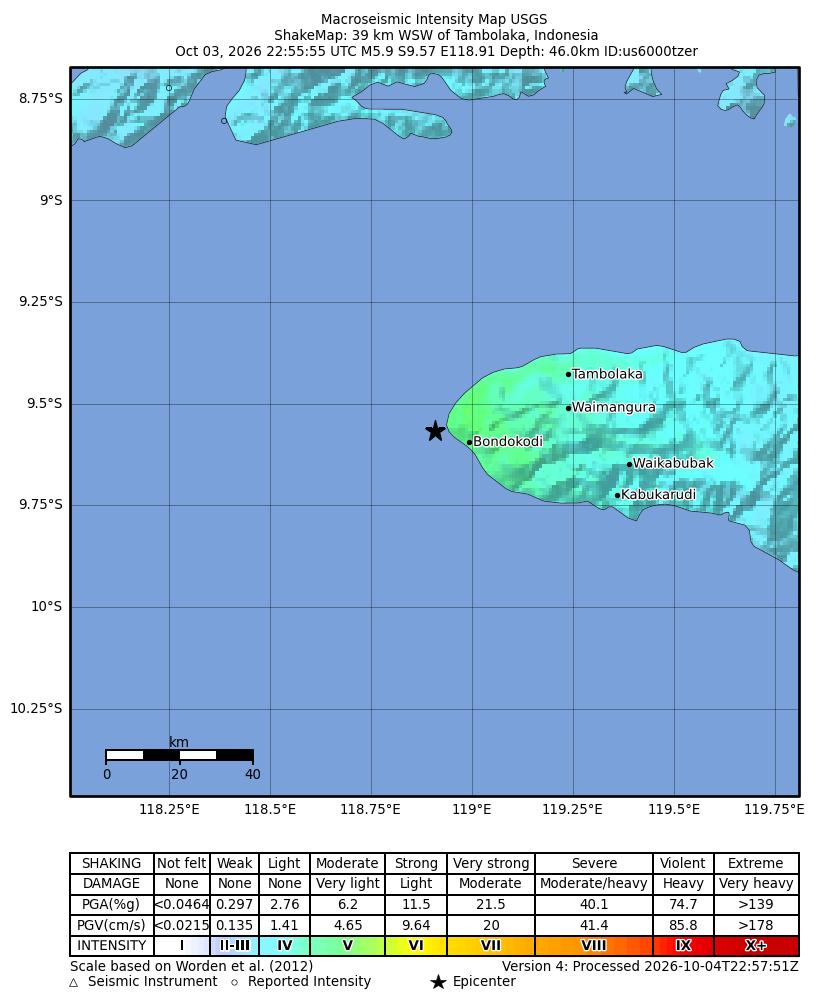 USGS ShakeMap intensity contours for the M5.9 earthquake near 39 km WSW of Tambolaka, Indonesia
