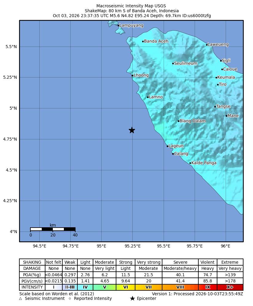 USGS ShakeMap intensity contours for the M5.6 earthquake near 80 km S of Banda Aceh, Indonesia