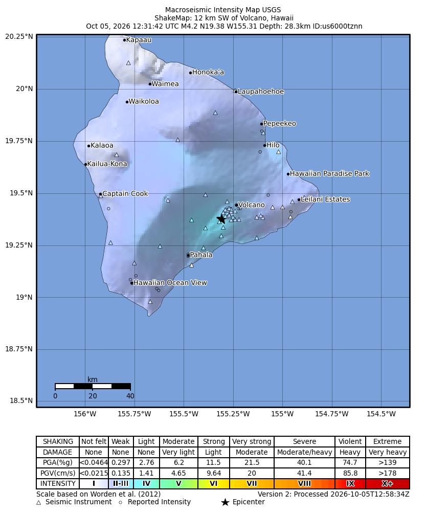 USGS ShakeMap intensity contours for the M3.6 earthquake near 12 km SW of Volcano, Hawaii