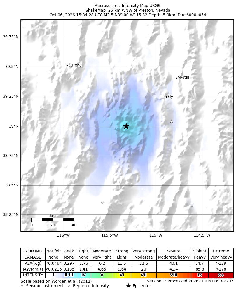 USGS ShakeMap intensity contours for the M3.6 earthquake near 25 km WNW of Preston, Nevada