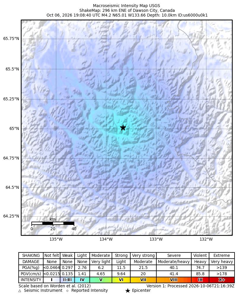 USGS ShakeMap intensity contours for the M4.2 earthquake near 296 km ENE of Dawson City, Canada