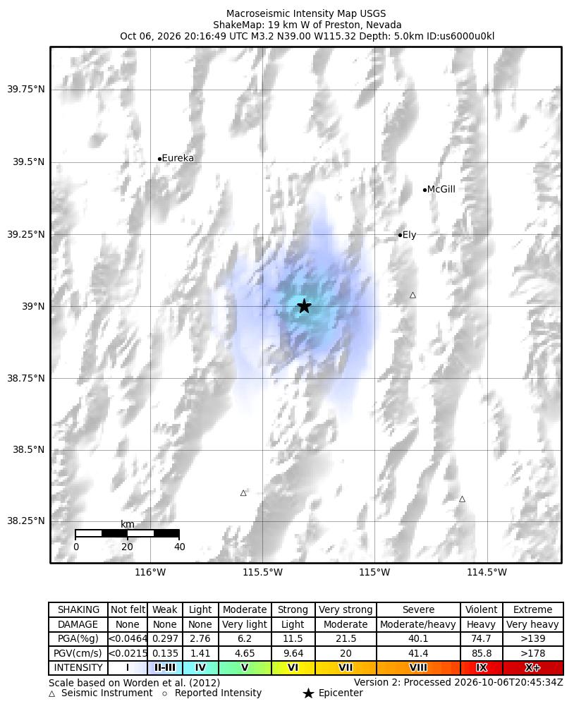 USGS ShakeMap intensity contours for the M3.3 earthquake near 19 km W of Preston, Nevada