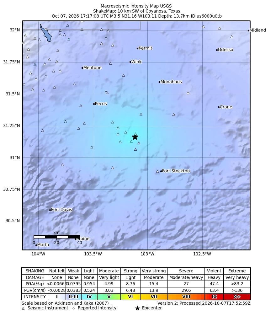 USGS ShakeMap intensity contours for the M3.6 earthquake near 10 km SW of Coyanosa, Texas