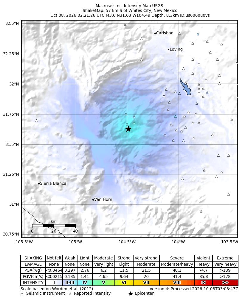 USGS ShakeMap intensity contours for the M3.6 earthquake near 57 km S of Whites City, New Mexico