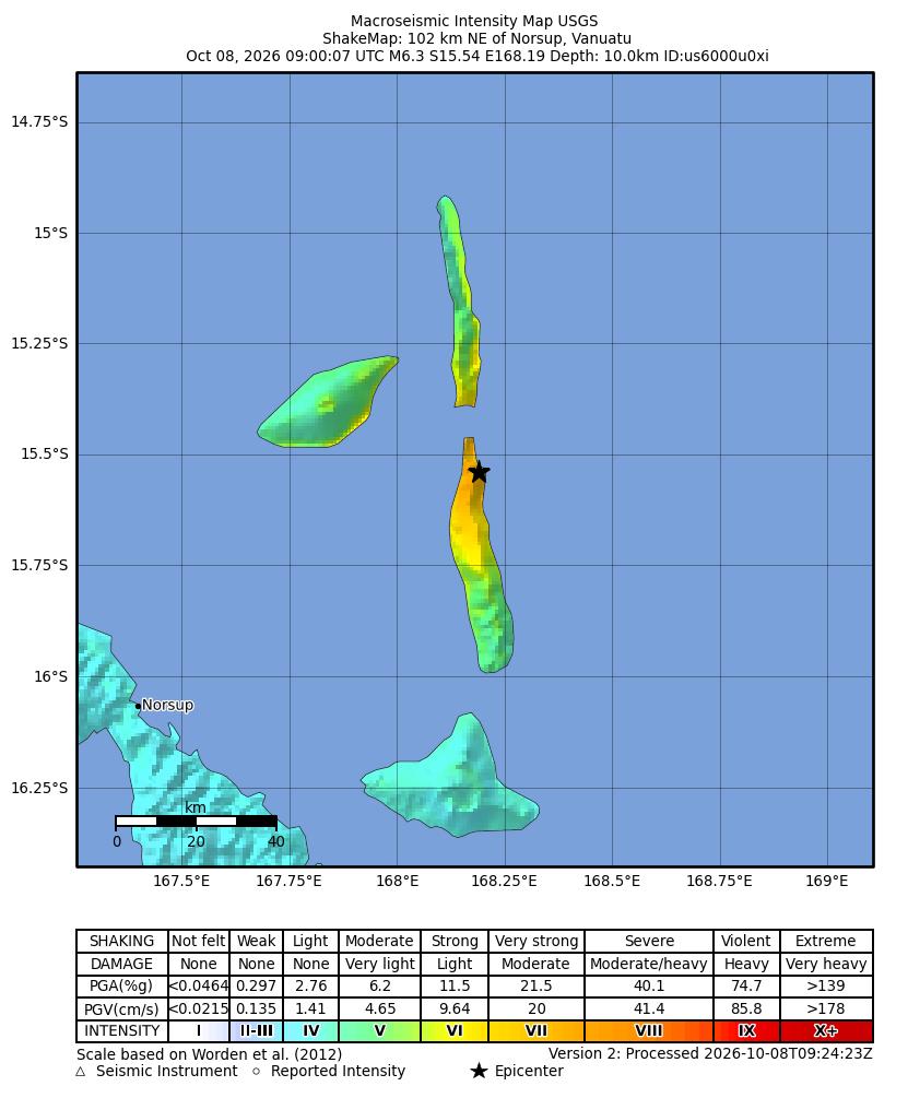 USGS ShakeMap intensity contours for the M6.3 earthquake near 102 km NE of Norsup, Vanuatu