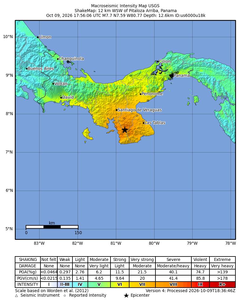 USGS ShakeMap intensity contours for the M7.7 earthquake near 12 km WSW of Pitaloza Arriba, Panama