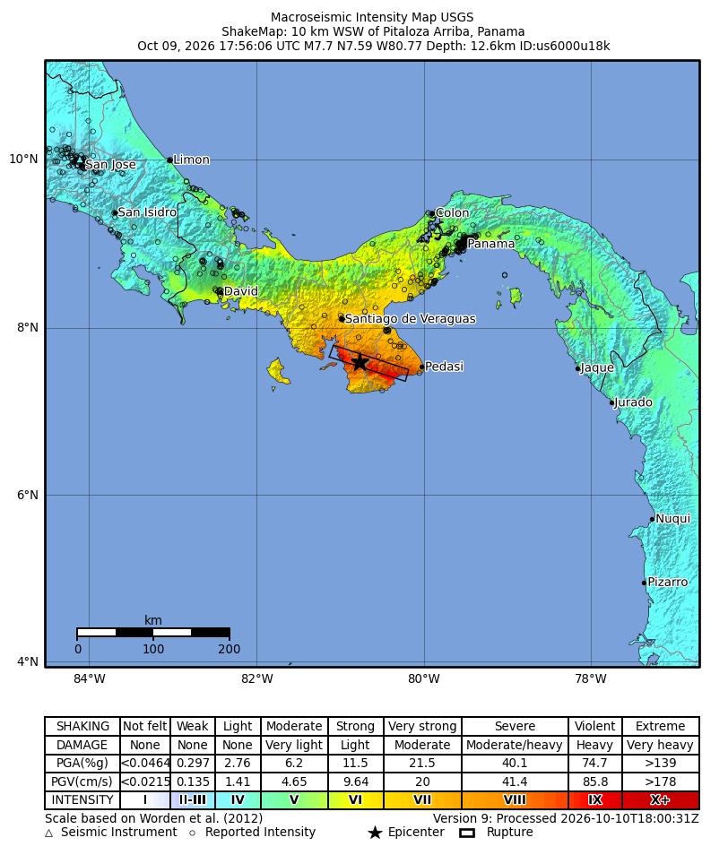 USGS ShakeMap intensity contours for the M7.7 earthquake near 12 km WSW of Pitaloza Arriba, Panama