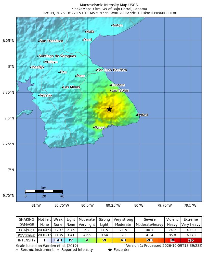USGS ShakeMap intensity contours for the M5.5 earthquake near 3 km SW of Bajo Corral, Panama