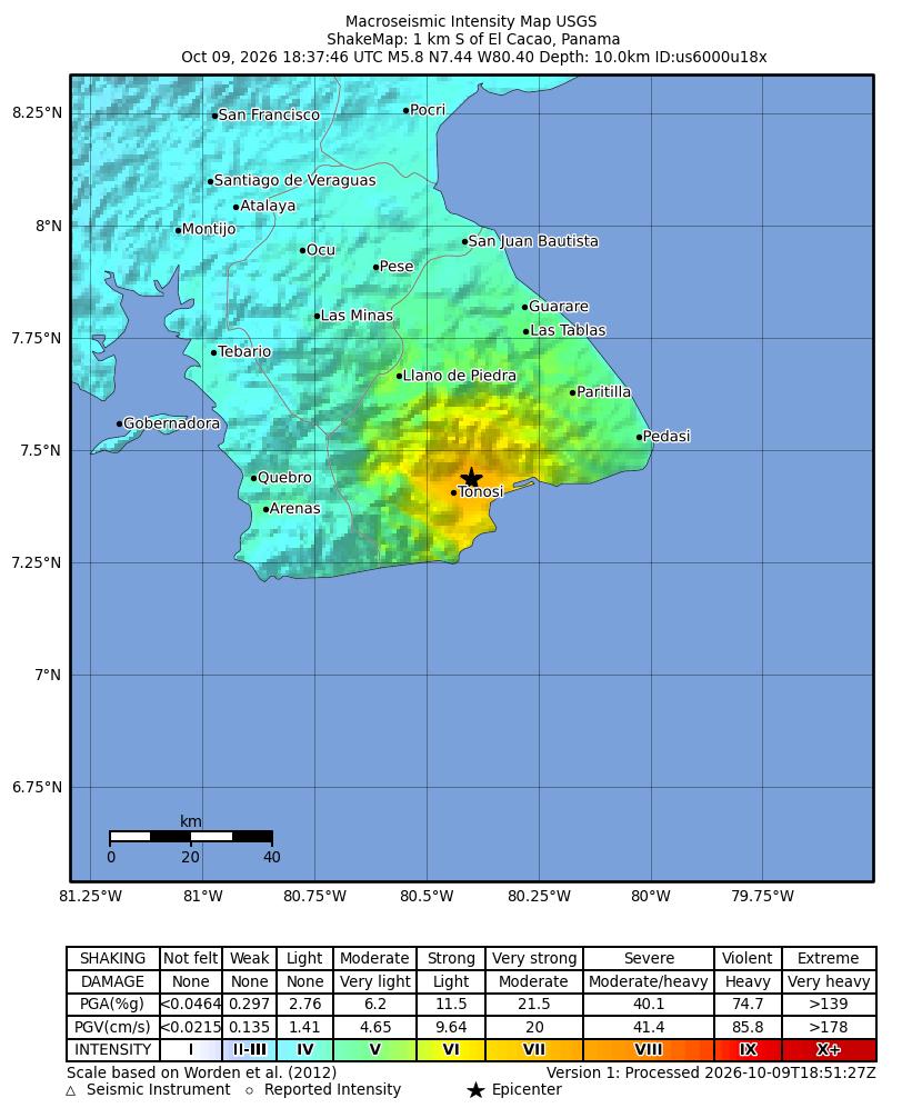 USGS ShakeMap intensity contours for the M5.8 earthquake near 1 km S of El Cacao, Panama