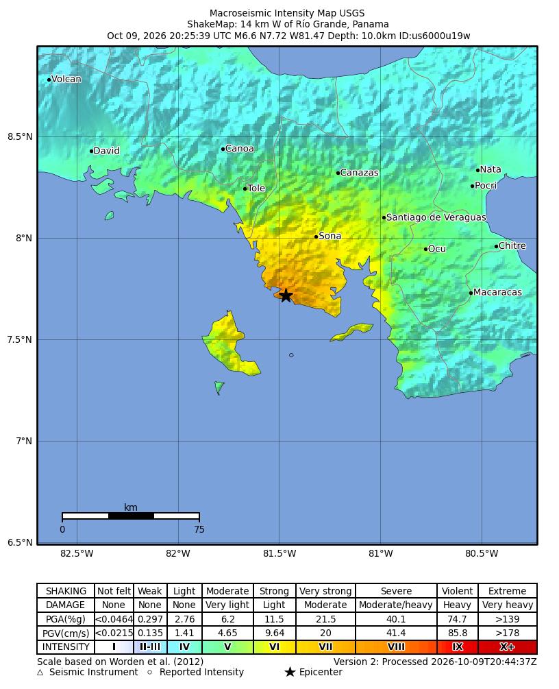 USGS ShakeMap intensity contours for the M6.6 earthquake near 14 km W of Río Grande, Panama