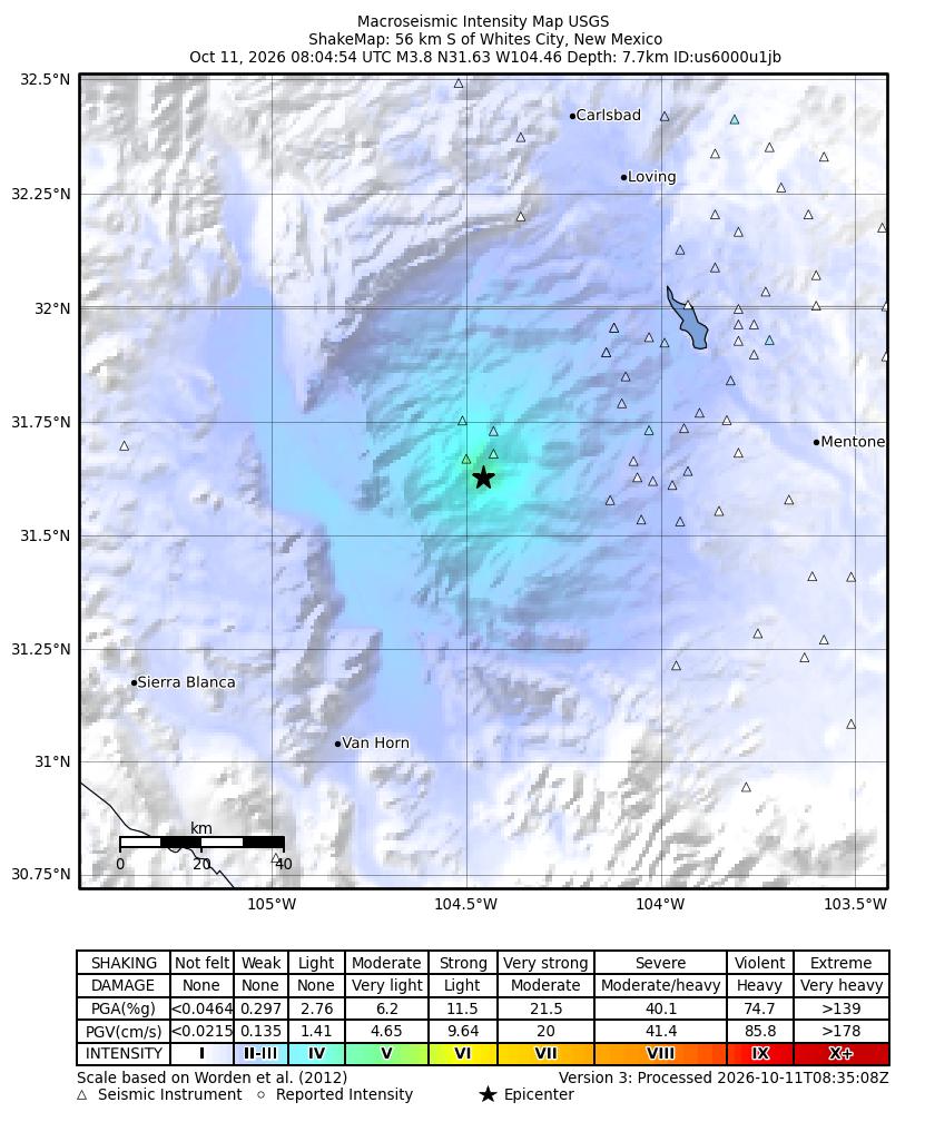 USGS ShakeMap intensity contours for the M4.0 earthquake near 56 km S of Whites City, New Mexico