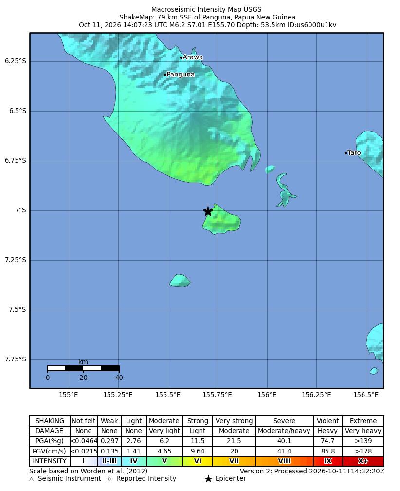 USGS ShakeMap intensity contours for the M6.2 earthquake near 79 km SSE of Panguna, Papua New Guinea