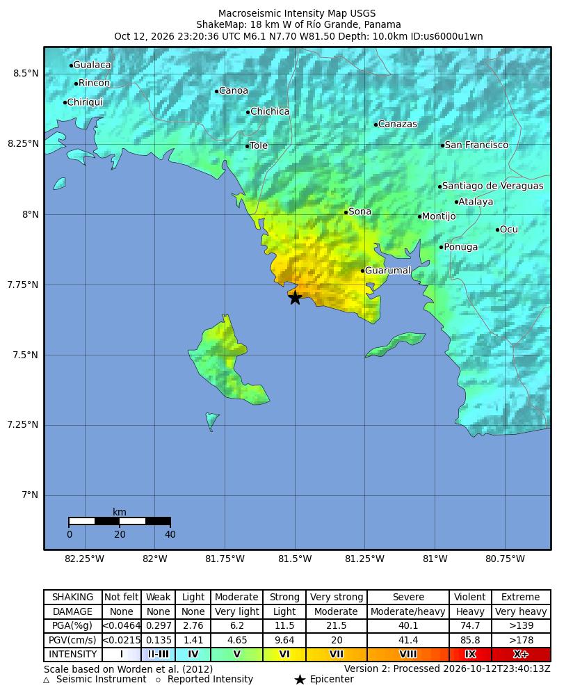USGS ShakeMap intensity contours for the M6.1 earthquake near 18 km W of Río Grande, Panama