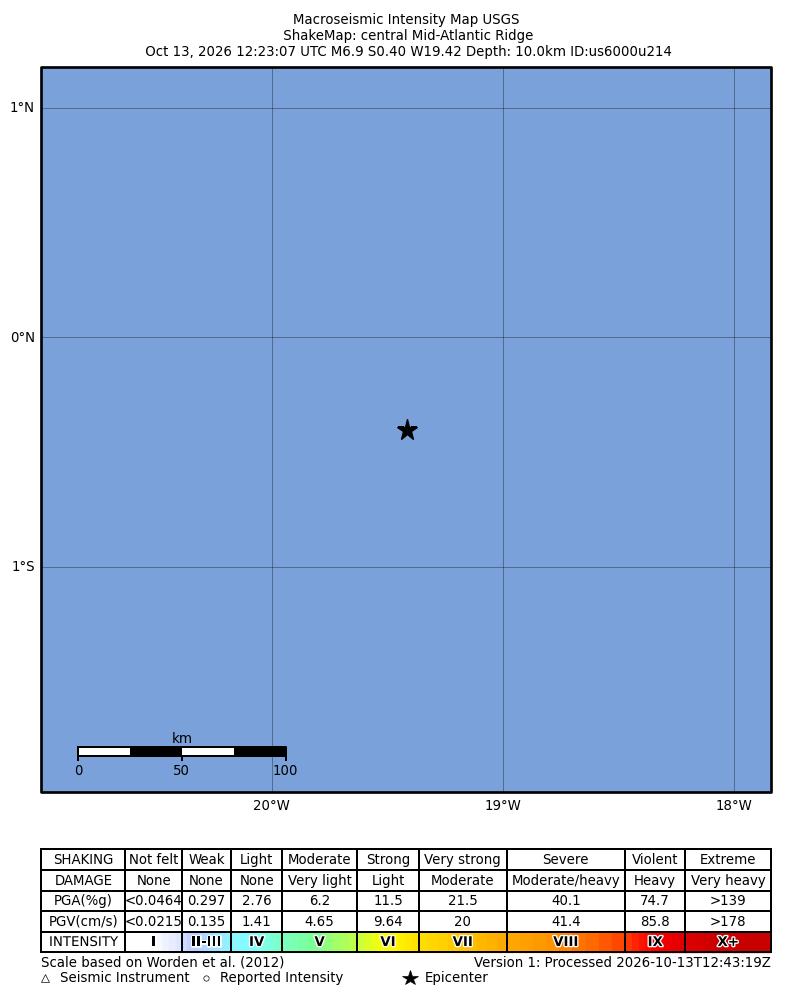 USGS ShakeMap intensity contours for the M6.9 earthquake near central Mid-Atlantic Ridge