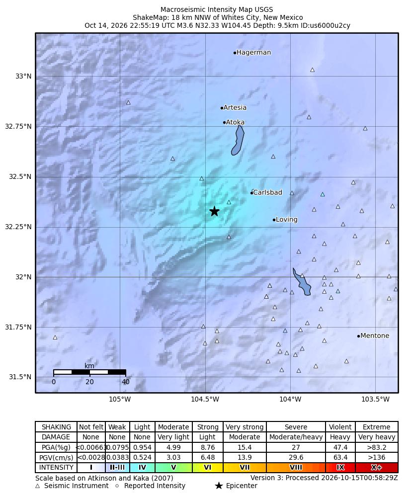 USGS ShakeMap intensity contours for the M3.6 earthquake near 18 km NNW of Whites City, New Mexico