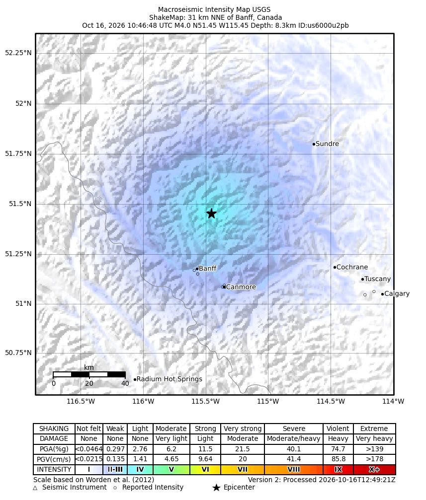 USGS ShakeMap intensity contours for the M4.0 earthquake near 31 km NNE of Banff, Canada