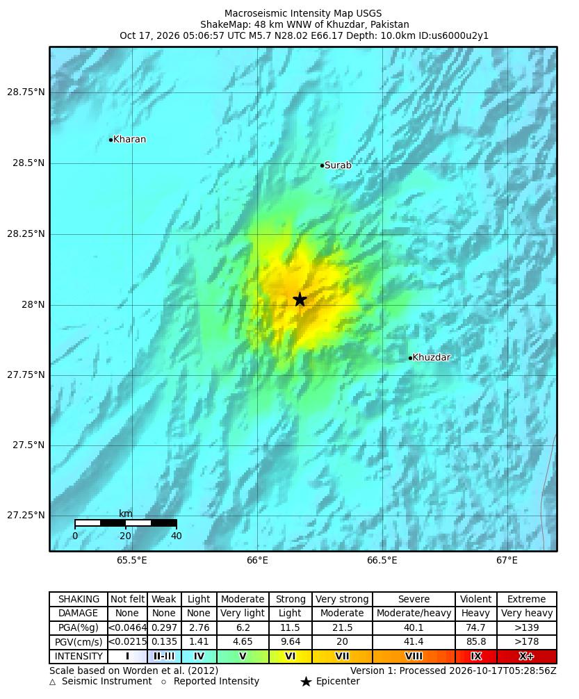 USGS ShakeMap intensity contours for the M5.7 earthquake near 48 km WNW of Khuzdar, Pakistan