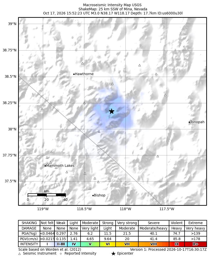 USGS ShakeMap intensity contours for the M3.0 earthquake near 25 km SSW of Mina, Nevada