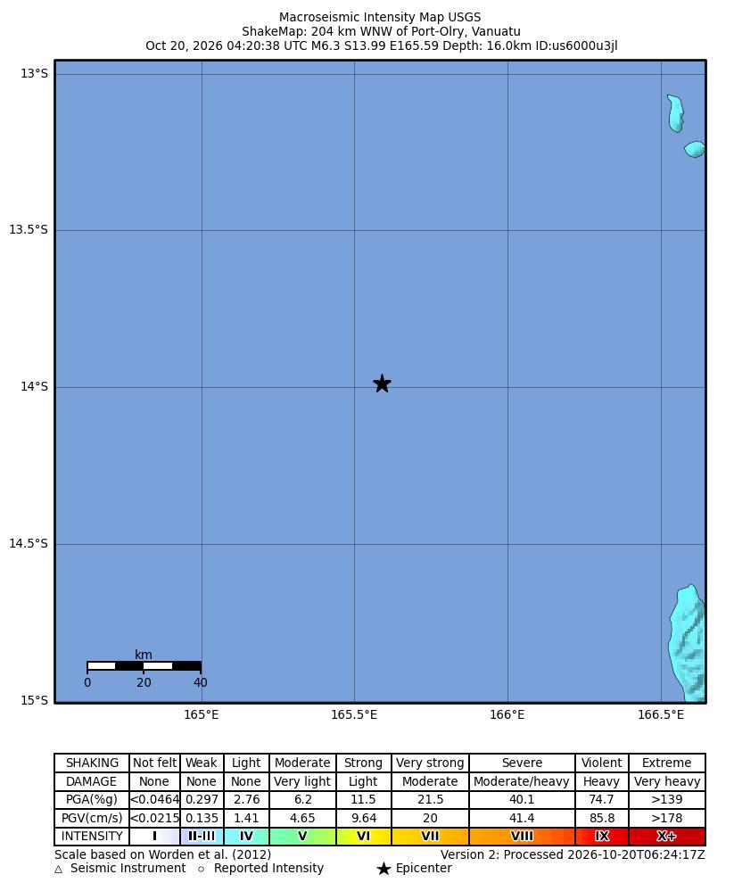 USGS ShakeMap intensity contours for the M6.6 earthquake near 195 km NW of Port-Olry, Vanuatu