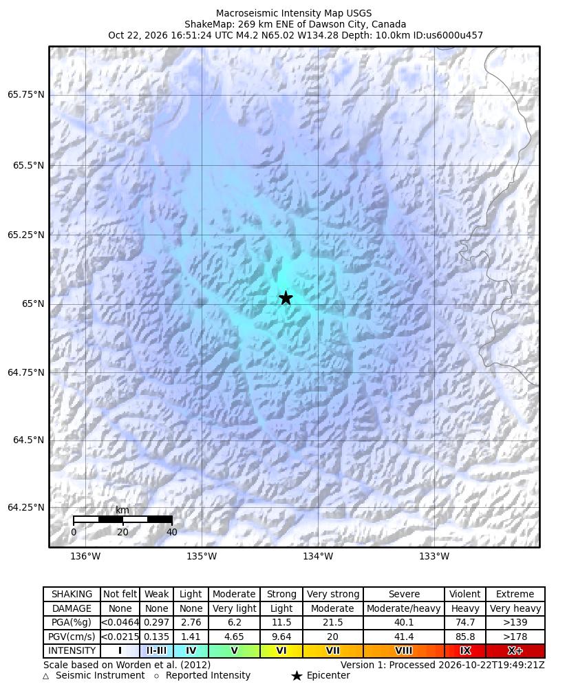 USGS ShakeMap intensity contours for the M4.2 earthquake near 269 km ENE of Dawson City, Canada