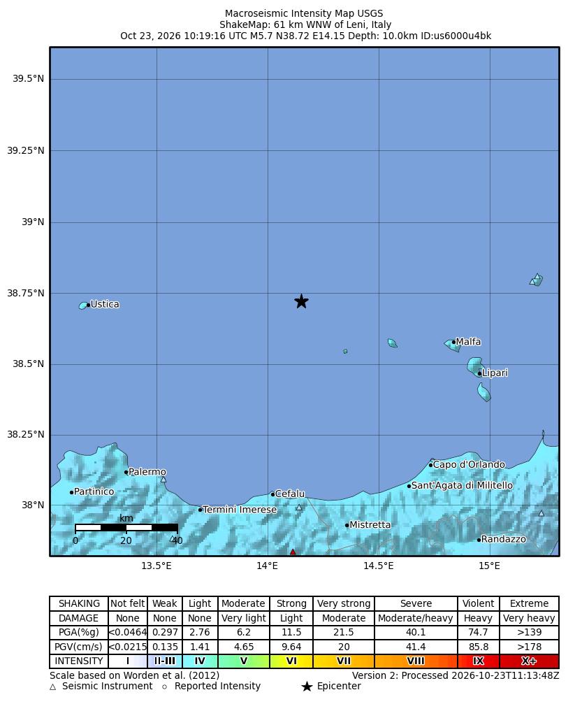 USGS ShakeMap intensity contours for the M5.7 earthquake near 61 km WNW of Leni, Italy