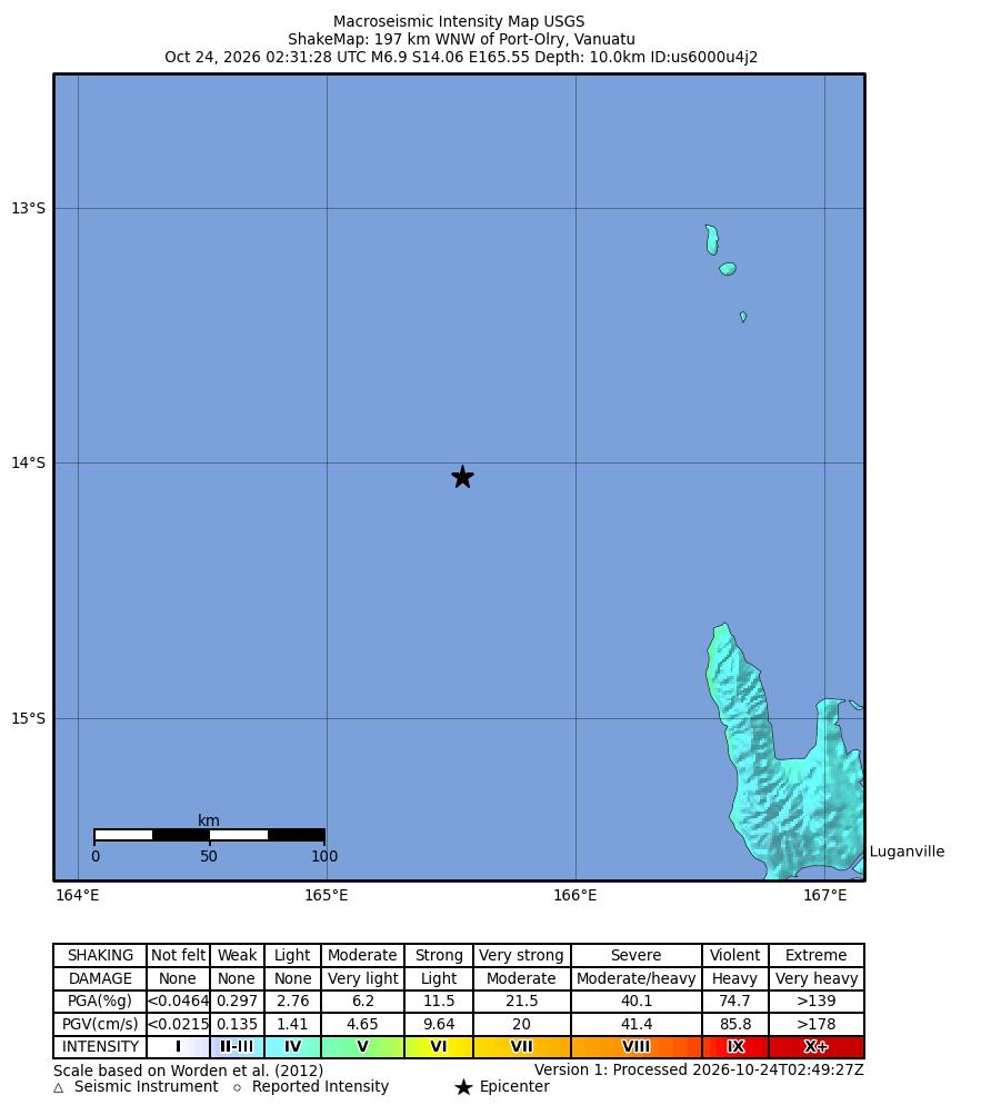 USGS ShakeMap intensity contours for the M6.9 earthquake near 197 km WNW of Port-Olry, Vanuatu