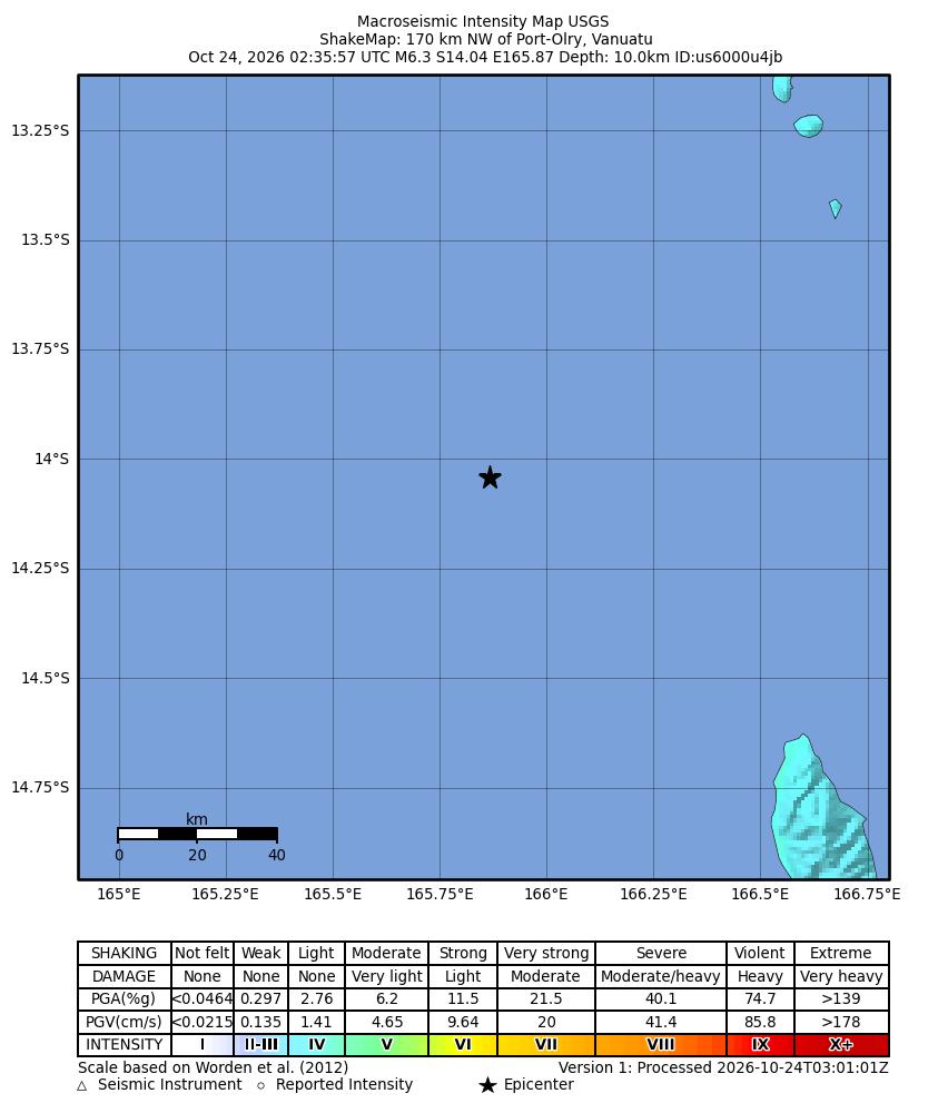 USGS ShakeMap intensity contours for the M6.3 earthquake near 170 km NW of Port-Olry, Vanuatu